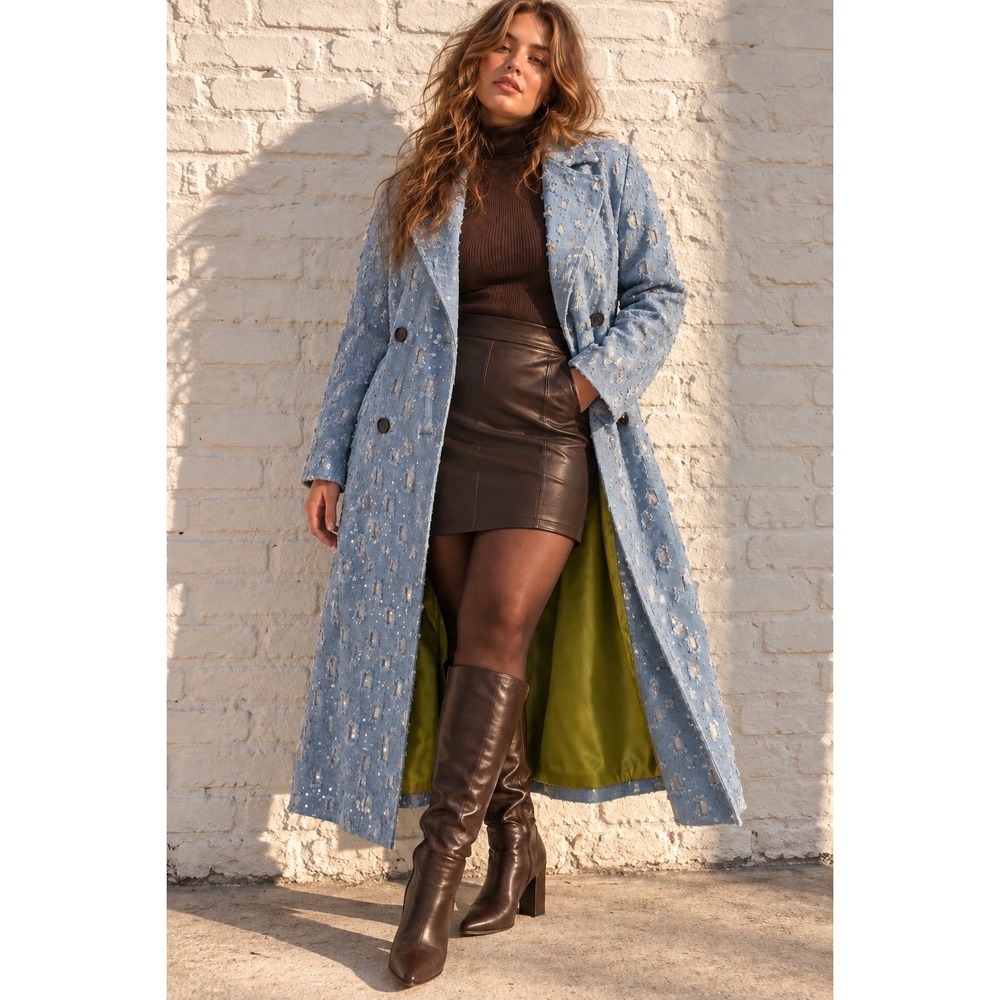 Never Fully Dressed Harper Blue Cotton Denim Sequin Distressed Trench Coat XL